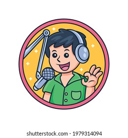 Man with Headphones Speaks into Microphone Cartoon. Vector Icon Illustration, Isolated on Premium Vector