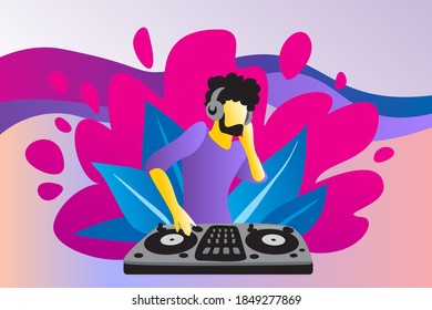A man with headphones stands behind the DJ console. Plant leaves on a colored background.