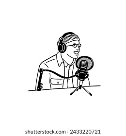 Man with Headphones Studio Podcast Recording Hand drawn Line art Illustration