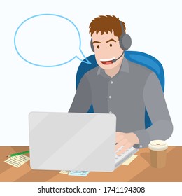 Mann im Kopfhörer, der mit dem Client spricht, der am Computer arbeitet. Betreiber des Callcenters