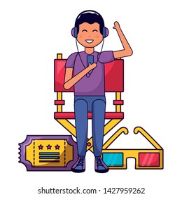 man with headphones ticket and 3d glasses cinema vector illustration