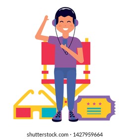 man with headphones ticket and 3d glasses cinema vector illustration