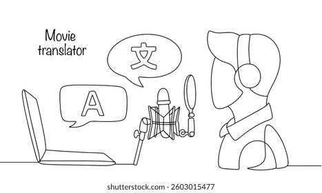 A man with headphones translates dialogue, subtitles or voiceovers for films and other video materials from one language to another. Hand-drawn work of a film translator.