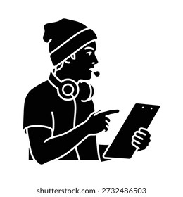 Hombre con auriculares que utilizan la tableta en estilo negro de la silueta para la Tecnología moderna