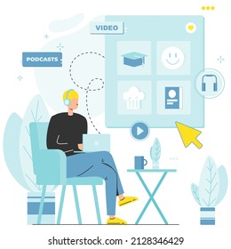 Man in headphones watching, listening podcast on laptop, vector illustration. Multimedia content.