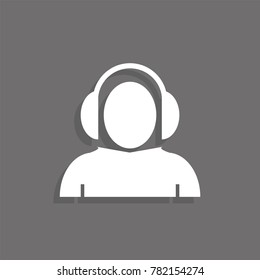 Man in headphones. White vector icon on a gray background with a shadow.