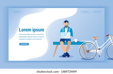 Man in Headphones Working on Laptop. Sitting on Bench near Bicycle. Coworking Center. Vector Illustration. Workflow on Open Air. Drink Tea. Communicate Online. Monitor Screen with Text. Website.