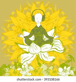 Man with headphones in zentangle patterned clothes meditating sitting in lotus position inside big white lotus flower. Stock vector illustration.