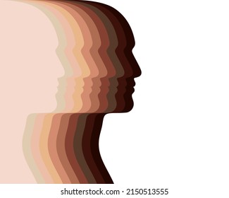 Man heads silhouettes different colors skin. Symbol racial equality and diversity. Partnership and mutual assistance concept. Vector illustration