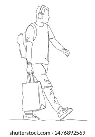 Hombre en el auricular con la mochila y el bolso de compras caminando. Dibujo de línea continua. Ilustración vectorial en blanco y negro en estilo line art.