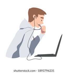 Man in Headset Doing Live Podcasts on his Laptop Computer Cartoon Style Vector Illustration