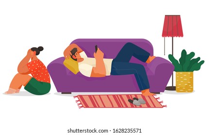 Man in headset holding phone and lying on sofa, sad woman sitting on floor. Crying female near armchair in bedroom. Interior view of room with furniture and houseplant, slippers on carpet vector