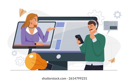 Man in headset holding smartphone talking to woman on computer screen, flat graphic style, white background. Concept of virtual tech support. Vector illustration