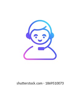 Man with headset linear vector icon for freelance, online education, call center. Boy with hands free set of headphones and microphone isolated on white background. Trendy vibrant color gradient.