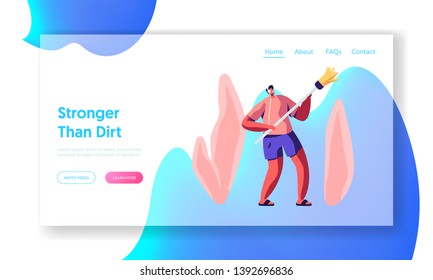 Man in Headset Listening Music and Dancing with Broom while Cleaning Home Website Landing Page, Weekend Housework Activity, Household Male Character Web Page. Cartoon Flat Vector Illustration, Banner