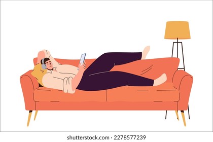Man in headset listening to music via mobile application lying on sofa while rest at home vector illustration. Teenager boy surfing internet watching funny videos in social networks using smartphone