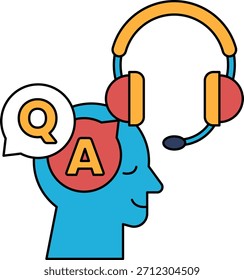 Um homem com um fone na cabeça e um Q na testa. O Q está no meio da cabeça e o A está no lado direito da cabeça