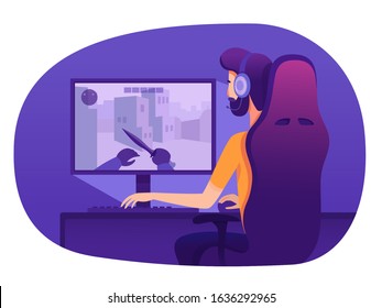 Man in headset playing video action strategy rpg game sitting at computer. Cyber sport. E-sports gaming. Online tournament and championship live streaming match. Vector cartoon illustration