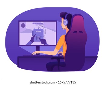 Man in headset playing video action strategy rpg game sitting at computer. Cyber sport. E-sports gaming. Online tournament and championship live streaming match. Vector cartoon illustration
