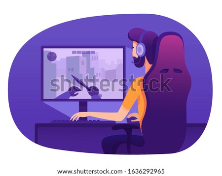 Man in headset playing video action strategy rpg game sitting at computer. Cyber sport. E-sports gaming. Online tournament and championship live streaming match. Vector cartoon illustration