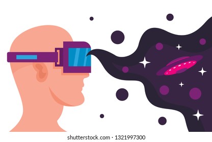 Man with headset playing virtual reality simulation game. Digital VR entertainment concept. Innovation game device, illustration of virtual reality cyberspace