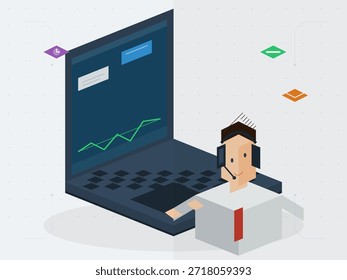 Un hombre con auriculares se sienta en una computadora portátil. La pantalla muestra gráficos con líneas verdes que muestran las tendencias de los datos. Varios iconos flotan alrededor de la pantalla.