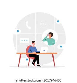 man with headset is sitting at her computer and talking with client.  Admin and Customer Service serving calling from consumers complain, Vector Illustration business finance ecommerce.