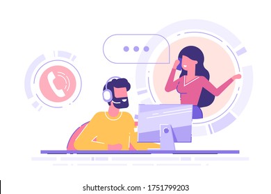 Man with headset is sitting at his computer and  talking with client. Clients assistance, call center, hotline operator, consultant manager, technical support and customer care. Vector illustration.