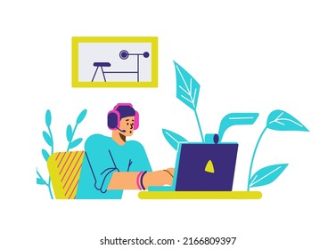 Man in headset sitting at laptop working or studying online, flat vector illustration isolated on white background. Outsourcing and teleworking, freelance job.
