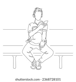 Man with headset using phone to watch vertical video. Sitting on bench. Holding backpack and wearing watch. Single line drawing. Black and white vector illustration in line art style.