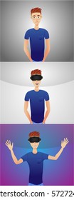 Man in a headset of virtual reality and without. A set of three images. Vector illustration.