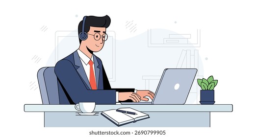 Man with Headset Working Laptop