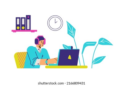 Man with headset working on laptop, flat vector illustration isolated on white background. Cartoon character working in office or remotely. Outsourcing company concept.