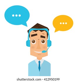 Hombre con auriculares y coloridas burbujas de habla en el centro de llamadas. Concepto comercial de servicio al cliente y comunicación. Asistencia en línea. Centro de atención al cliente las 24 horas.