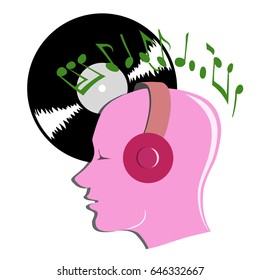 A man in headsets listens music. Vector illustration.