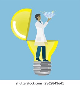 Man in health care, science costume with diamond, bright idea standing in light bulb. Vector illustration.