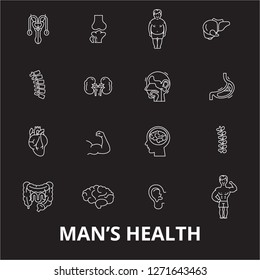 Man health editable line icons vector set on black background. Man health white outline illustrations, signs, symbols