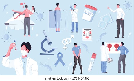 Man Health Set With Flat Icons Of Reproductive Tract Problems Doctors And Images Of Lab Equipment Vector Illustration