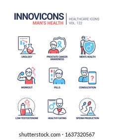 Man health - vector line design style icons set. Healthcare mobile app for men. Urology, prostate cancer awareness, workout, pills, consultation, low testosterone, healthy eating, sperm production