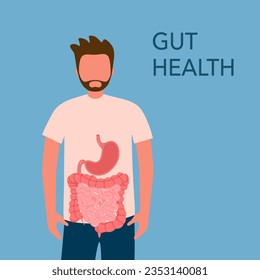 Man with healthy clean gut in flat design. Detox and healthy digestive system. Gut health concept.