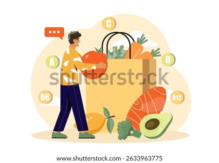 Man with healthy eating. Young guy with tomato near bag of vegetables. Natural and fresh products with vitamins. Slice of avocado and fish. Diet and nutrition. Flat vector illustration