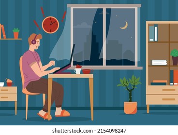 Man healthy lifestyle flat composition with night scenery living room interior and guy with wall clock vector illustration