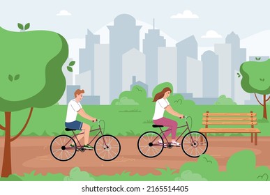 Man healthy lifestyle flat composition with cityscape background and urban park scenery with couple riding bikes vector illustration