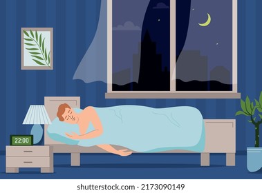 Man healthy lifestyle flat composition with night view of bedroom home interior with sleeping male character vector illustration