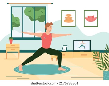 Composición plana de estilo de vida saludable para el hombre con visión interior de la sala de estar con personaje masculino en línea yoga vector ilustración