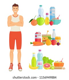 Man and healthy lifestyle, icons of food set. Vegetables and fruits, milk and water, carrots and banana. Meals in bowls, mushrooms and orange vector