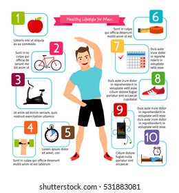 Homem infográficos estilo de vida saudável. Comida dietética, coração esportivo, vida positiva é ilustração vetorial homem saudável.