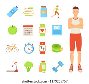 Man healthy lifestyle of male, isolated icons set vector. Water in bottle, calendar and wristband fitness watch with heart rate and steps indicator
