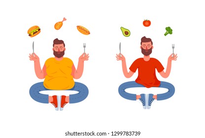 A man with a healthy meal and a man with a junk food. Vector illustration in cartoon style.