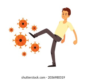 Man with healthy and strong immune system fighting kicks of viruses and bacteria. Health habits, vaccination and medical drugs for strengthened immunity. Flat vector illustration